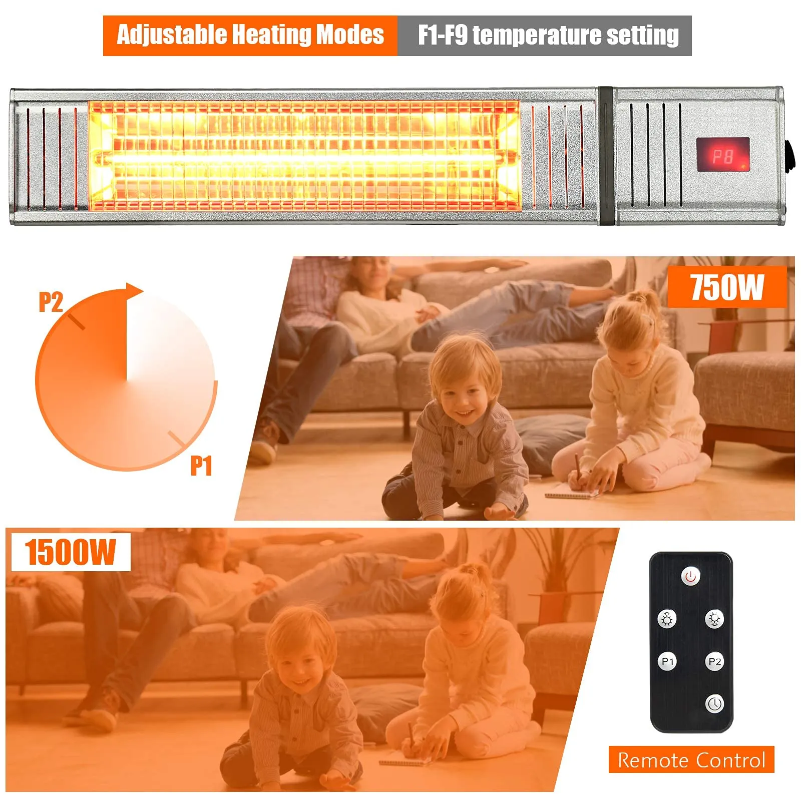 1500W Wall Mount Patio Heater, Indoor/Outdoor Infrared Heater w/ Remote Control