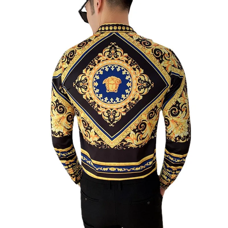 2024 summer new long sleeve net red shirt for men's Korean version slim tile printed long sleeve shirt 2128-P55