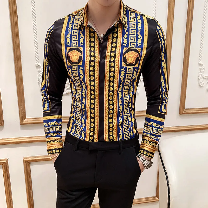 2024 summer new long sleeve net red shirt for men's Korean version slim tile printed long sleeve shirt 2128-P55