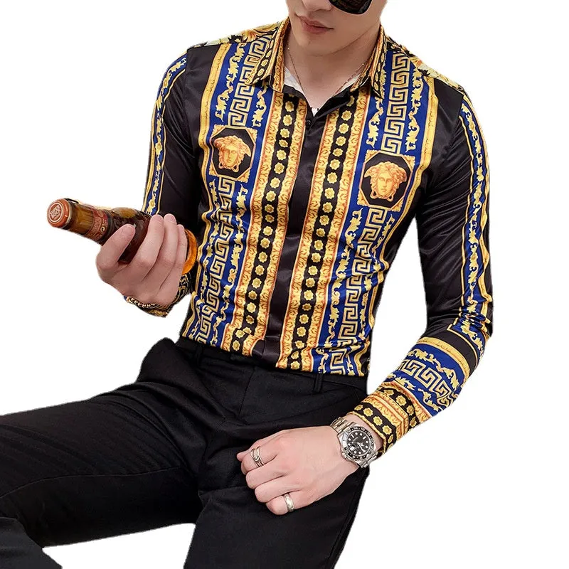 2024 summer new long sleeve net red shirt for men's Korean version slim tile printed long sleeve shirt 2128-P55