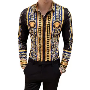 2024 summer new long sleeve net red shirt for men's Korean version slim tile printed long sleeve shirt 2128-P55