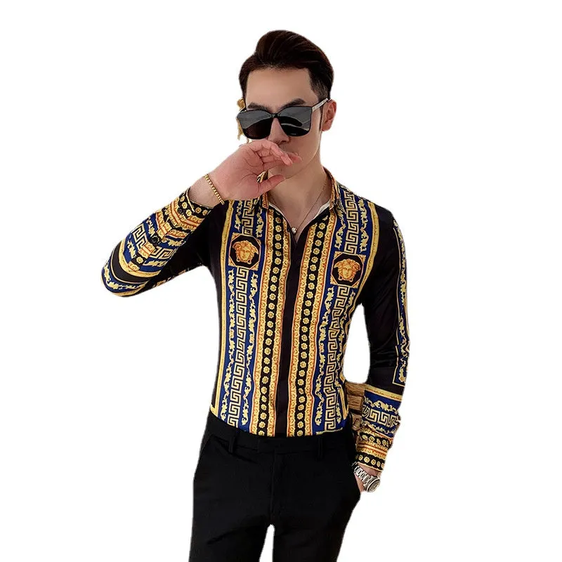 2024 summer new long sleeve net red shirt for men's Korean version slim tile printed long sleeve shirt 2128-P55