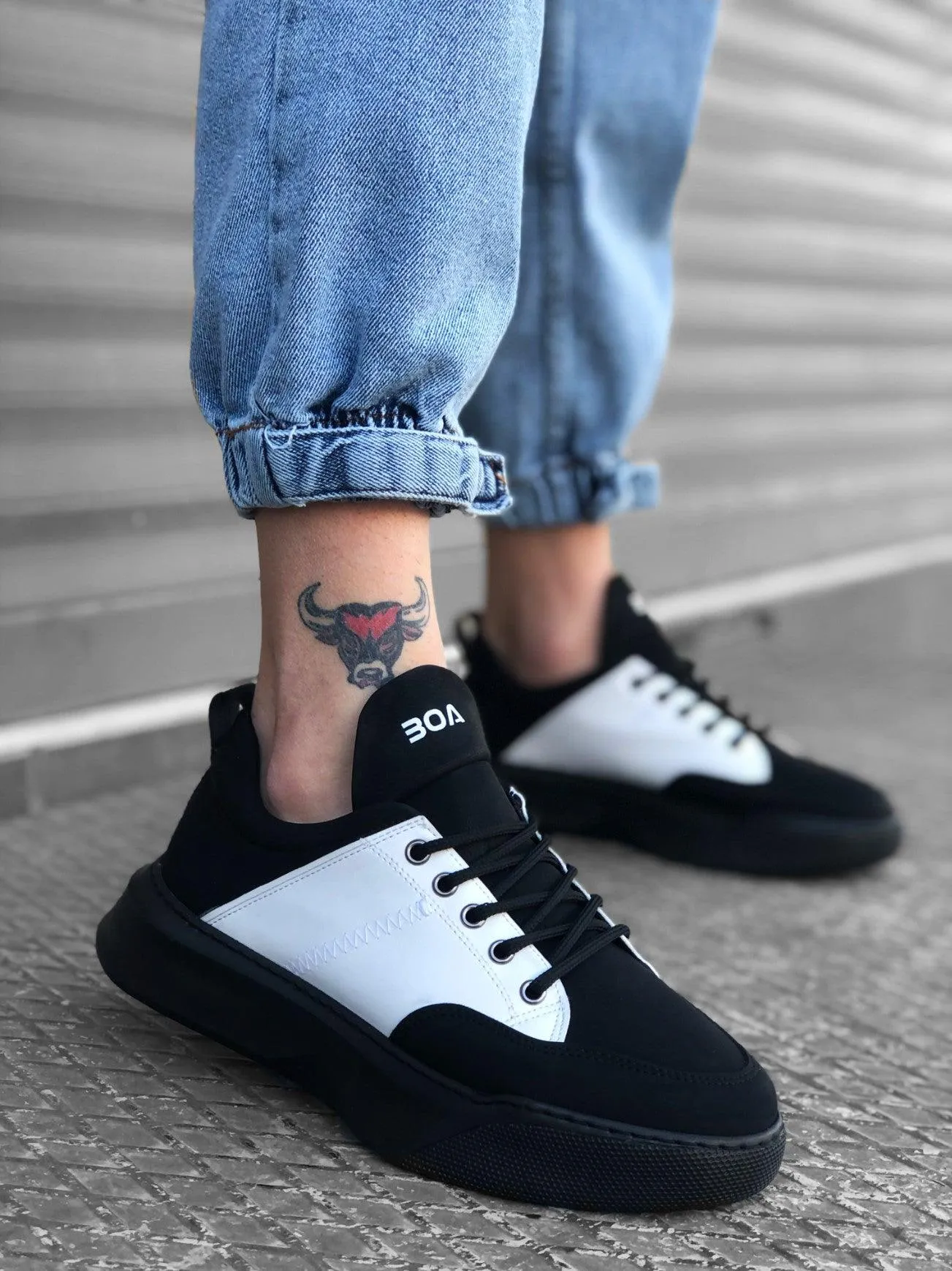 BA0163 Lace-Up High Sole Black White - Men Sneaker Sports Shoes