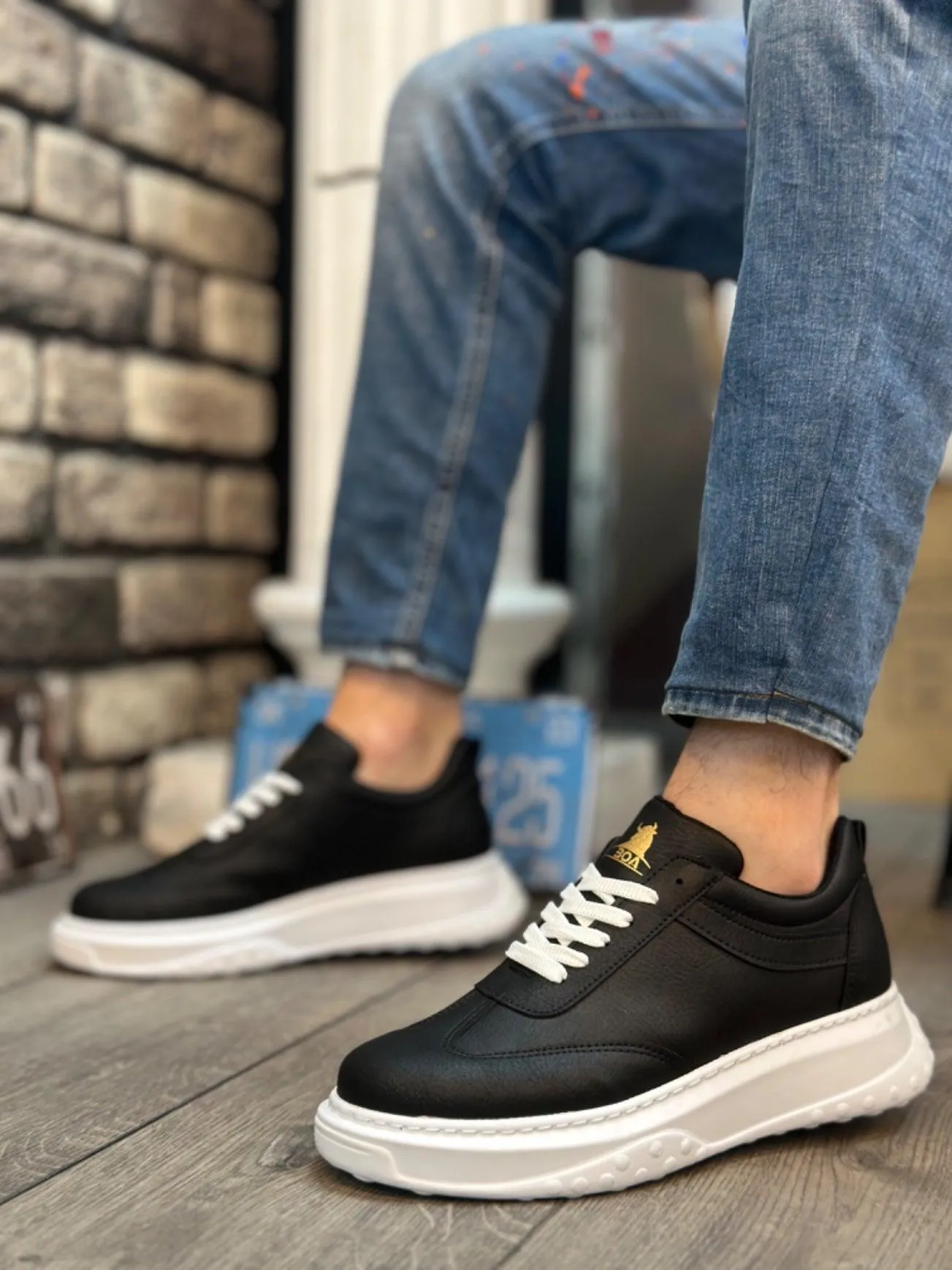 BA0327 Thick High Sole Black Lace-Up Sports Men's Shoes