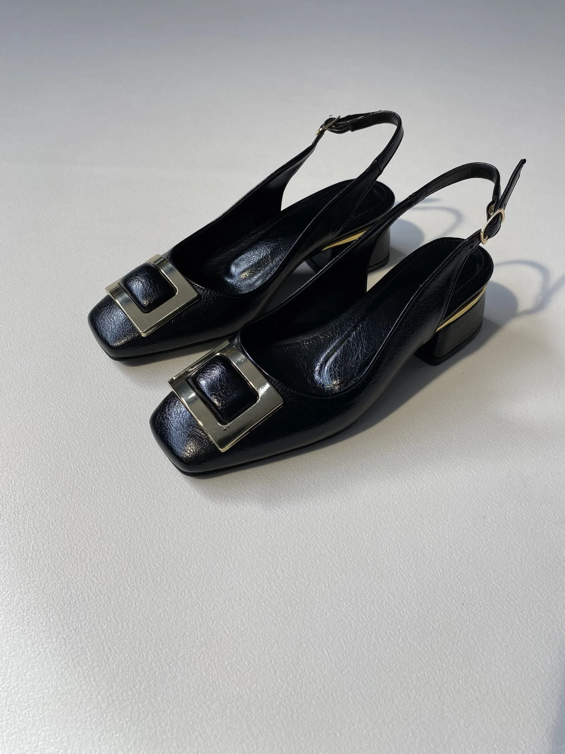 DSM Karen 4 cm high-heeled open back square toe black leather women's shoe. - Washington