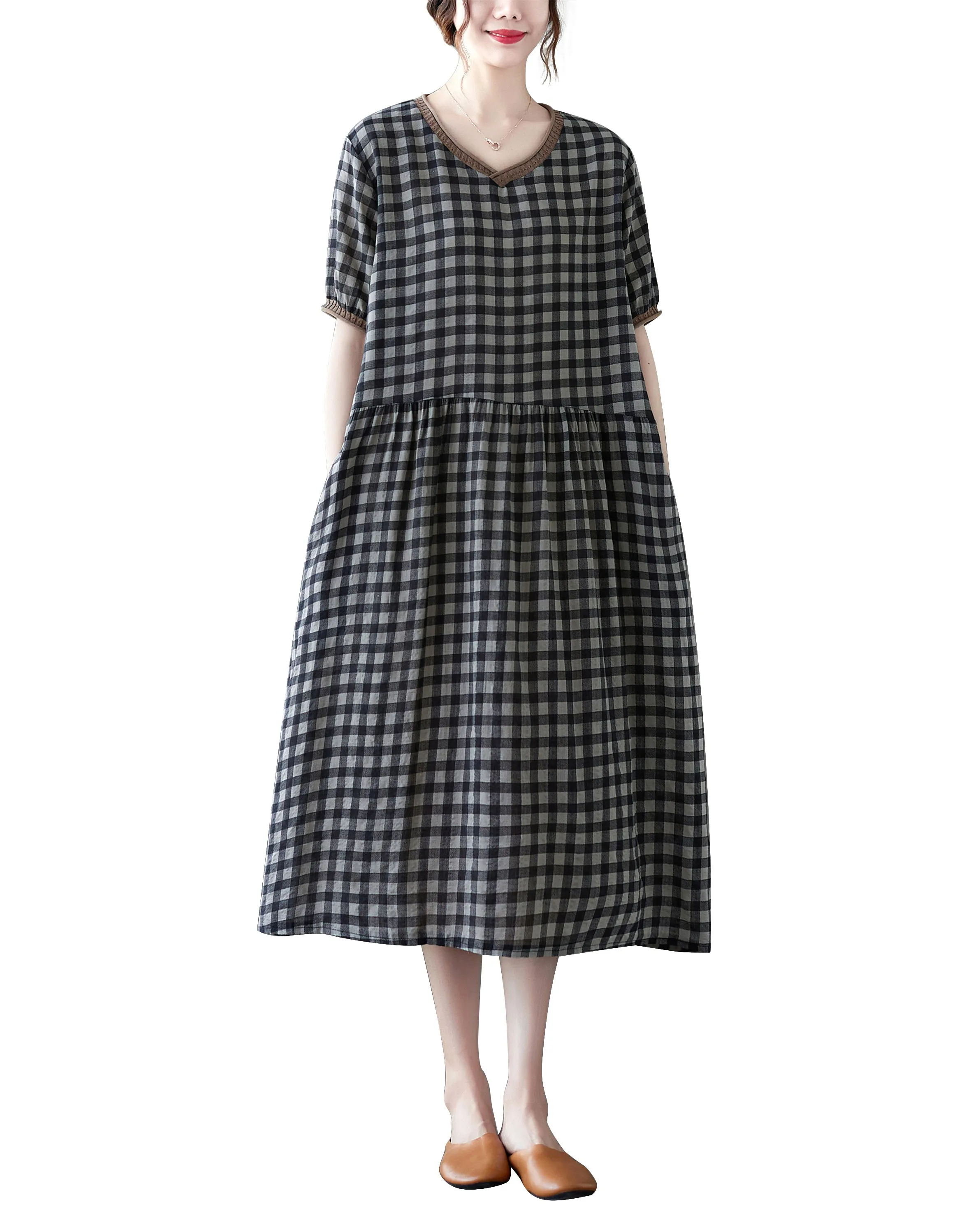 ellazhu Womens Loose Casual V Neck Print Plaid Short Sleeve Midi Summer Dress GA2610