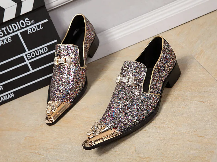 European and American iron-toed leather shoes, personalized pointed exaggerated men's shoes, sequined night club stage fashion low-top men's leather shoes