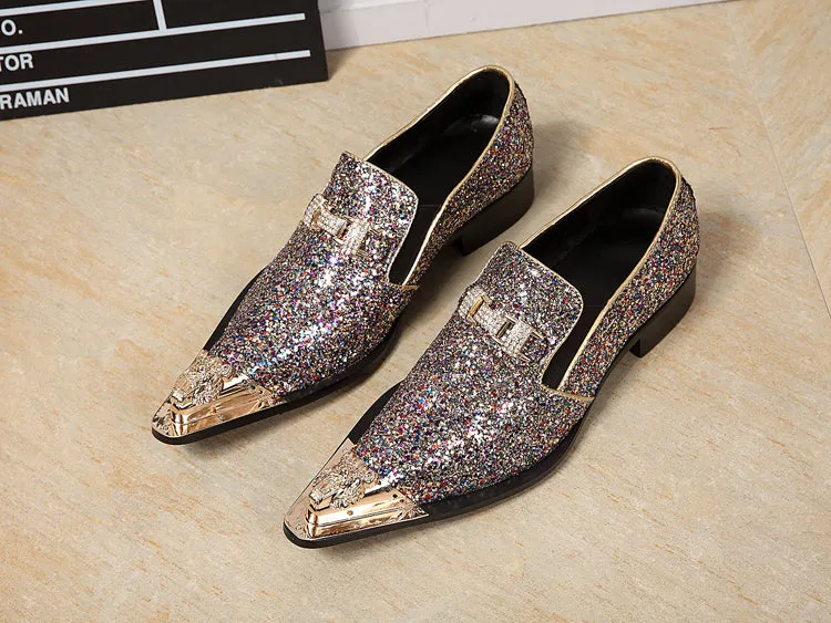 European and American iron-toed leather shoes, personalized pointed exaggerated men's shoes, sequined night club stage fashion low-top men's leather shoes