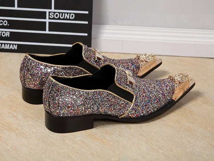 European and American iron-toed leather shoes, personalized pointed exaggerated men's shoes, sequined night club stage fashion low-top men's leather shoes