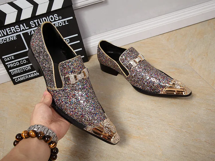 European and American iron-toed leather shoes, personalized pointed exaggerated men's shoes, sequined night club stage fashion low-top men's leather shoes