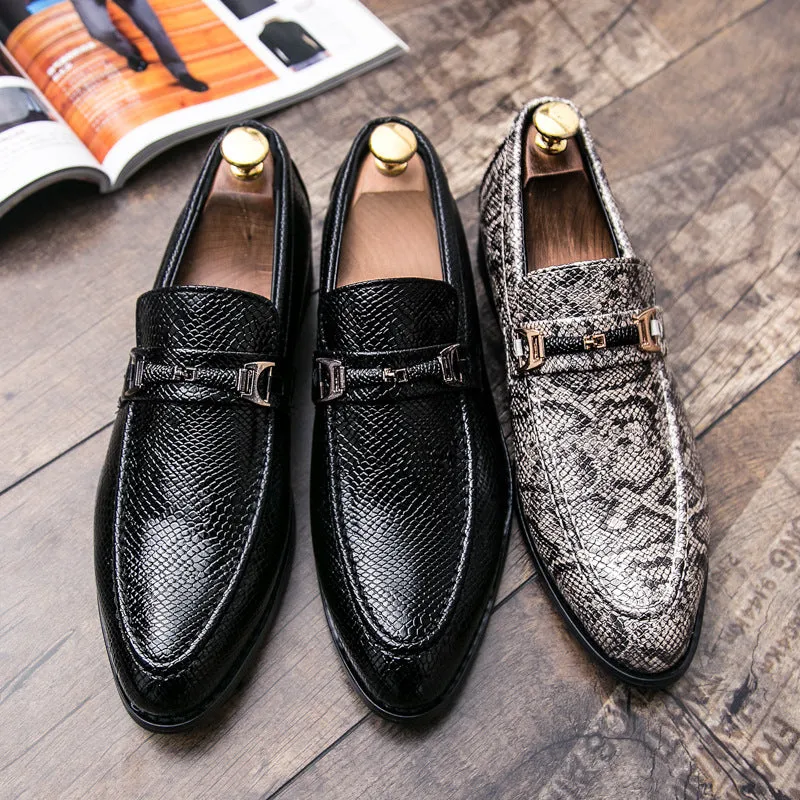 Hairdresser leather shoes for men with suit pants snake pattern pointed toe casual nightclub bar slip-on leather shoes T stage social guy
