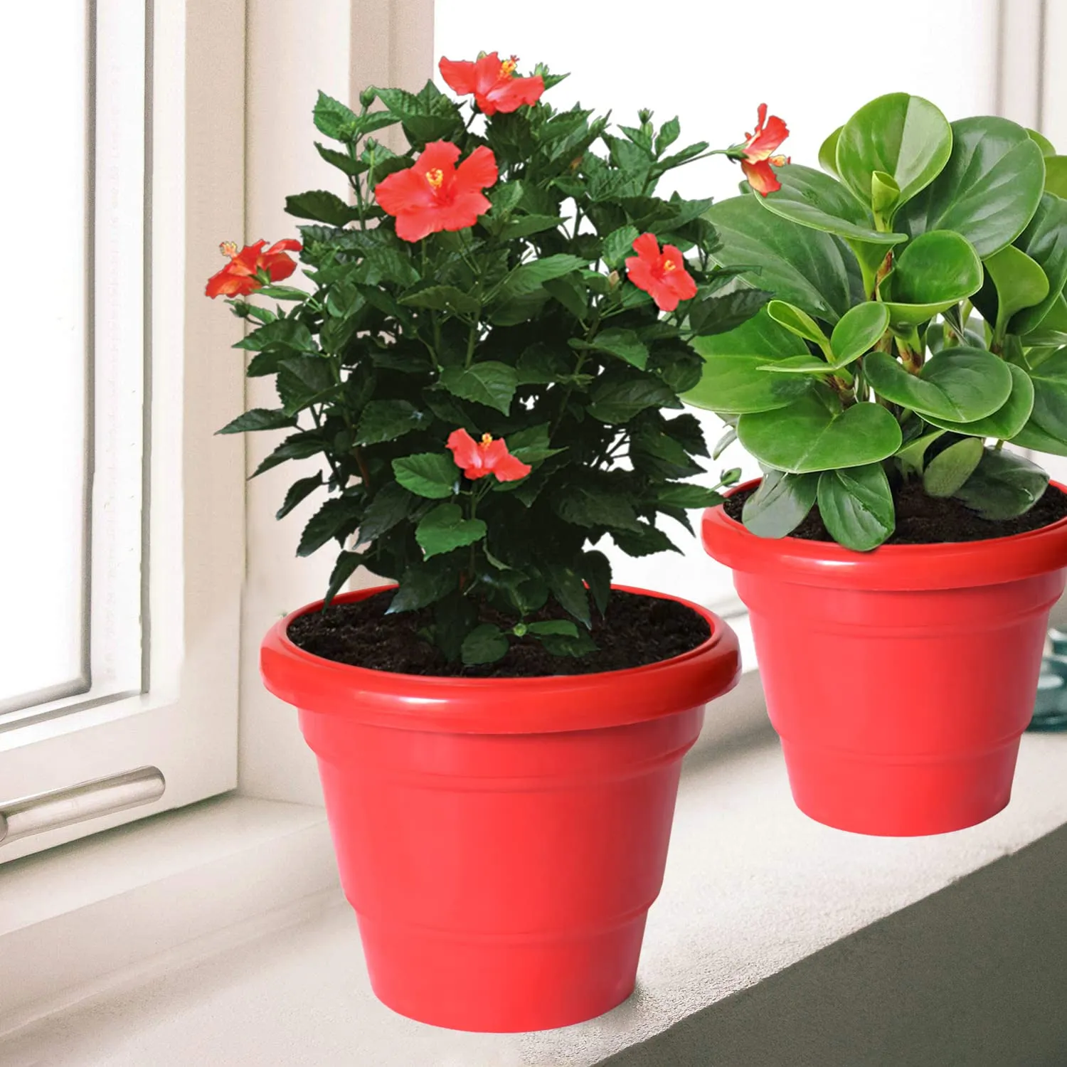 Heart Home Solid 2 Layered Plastic Flower Pot|Gamla for Home Decor,Nursery,Balcony,Garden,8"x 6",Pack of 10 (Red)