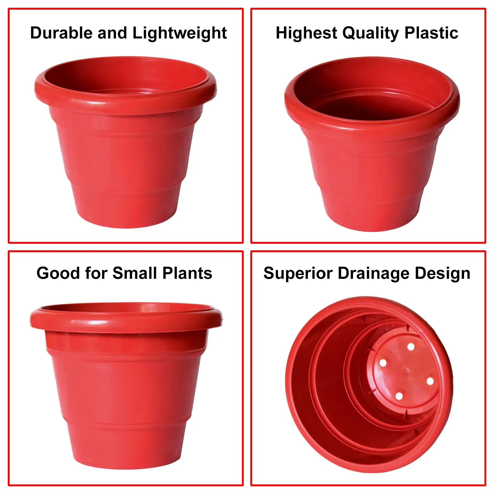 Heart Home Solid 2 Layered Plastic Flower Pot|Gamla for Home Decor,Nursery,Balcony,Garden,8"x 6",Pack of 10 (Red)