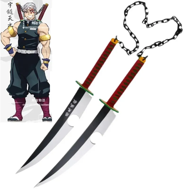 Kimetsu No Yaiba Tengen Uzui Twin Swords Cosplay Replica Weapon Props for Halloween Christmas Party Carnival PVC Props Wig