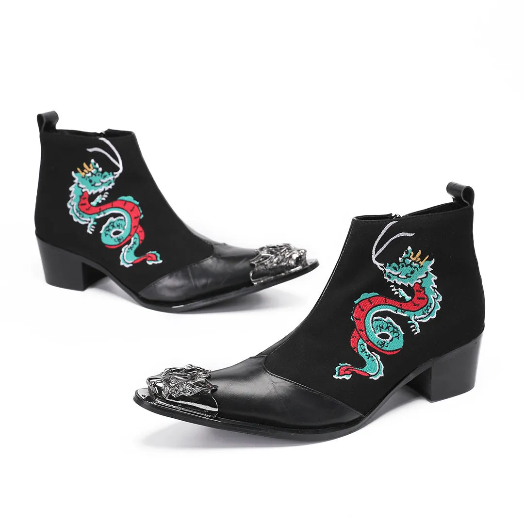 Knight riding boots men's wide-headed leather boots block carved western cowboy boots square head embroidery retro boots foreign trade