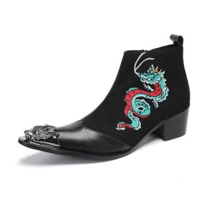 Knight riding boots men's wide-headed leather boots block carved western cowboy boots square head embroidery retro boots foreign trade