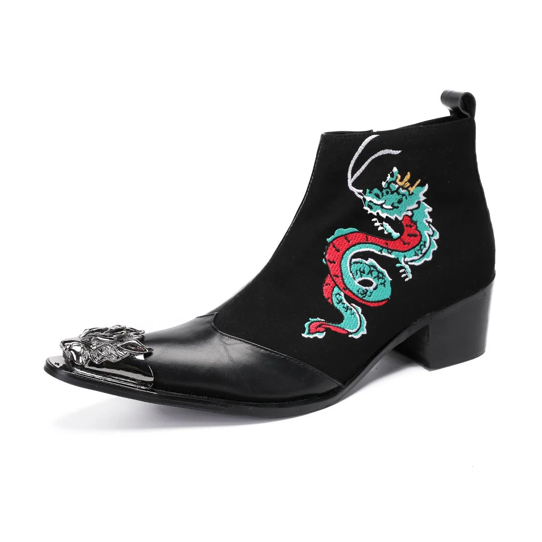 Knight riding boots men's wide-headed leather boots block carved western cowboy boots square head embroidery retro boots foreign trade