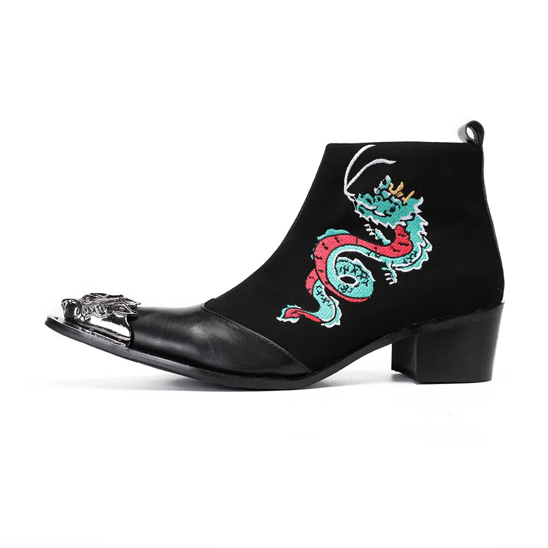 Knight riding boots men's wide-headed leather boots block carved western cowboy boots square head embroidery retro boots foreign trade
