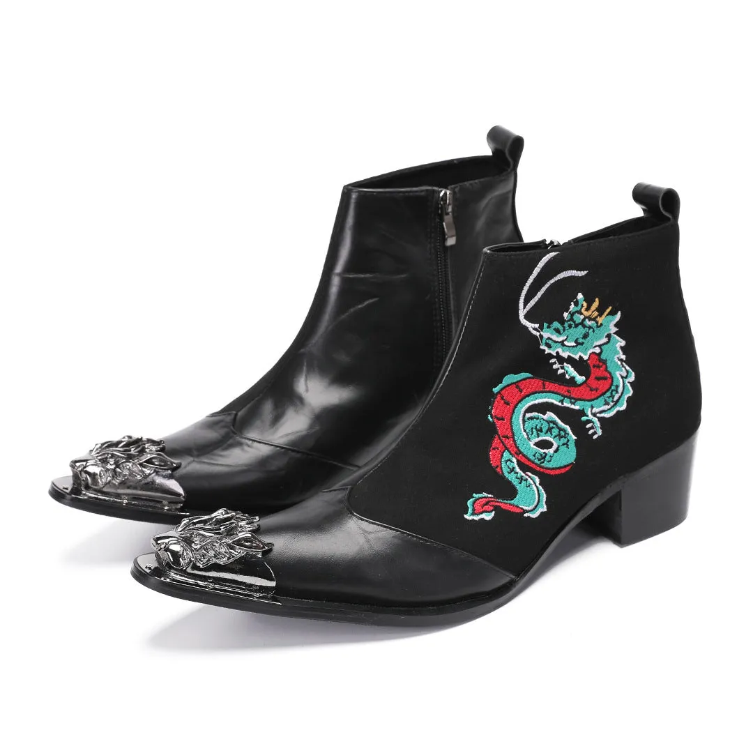 Knight riding boots men's wide-headed leather boots block carved western cowboy boots square head embroidery retro boots foreign trade