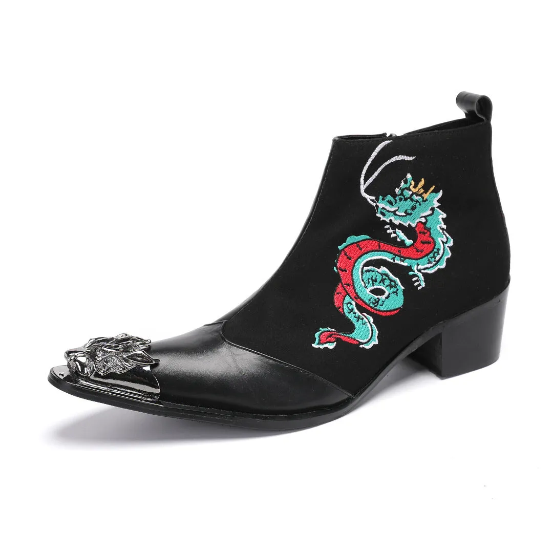 Knight riding boots men's wide-headed leather boots block carved western cowboy boots square head embroidery retro boots foreign trade