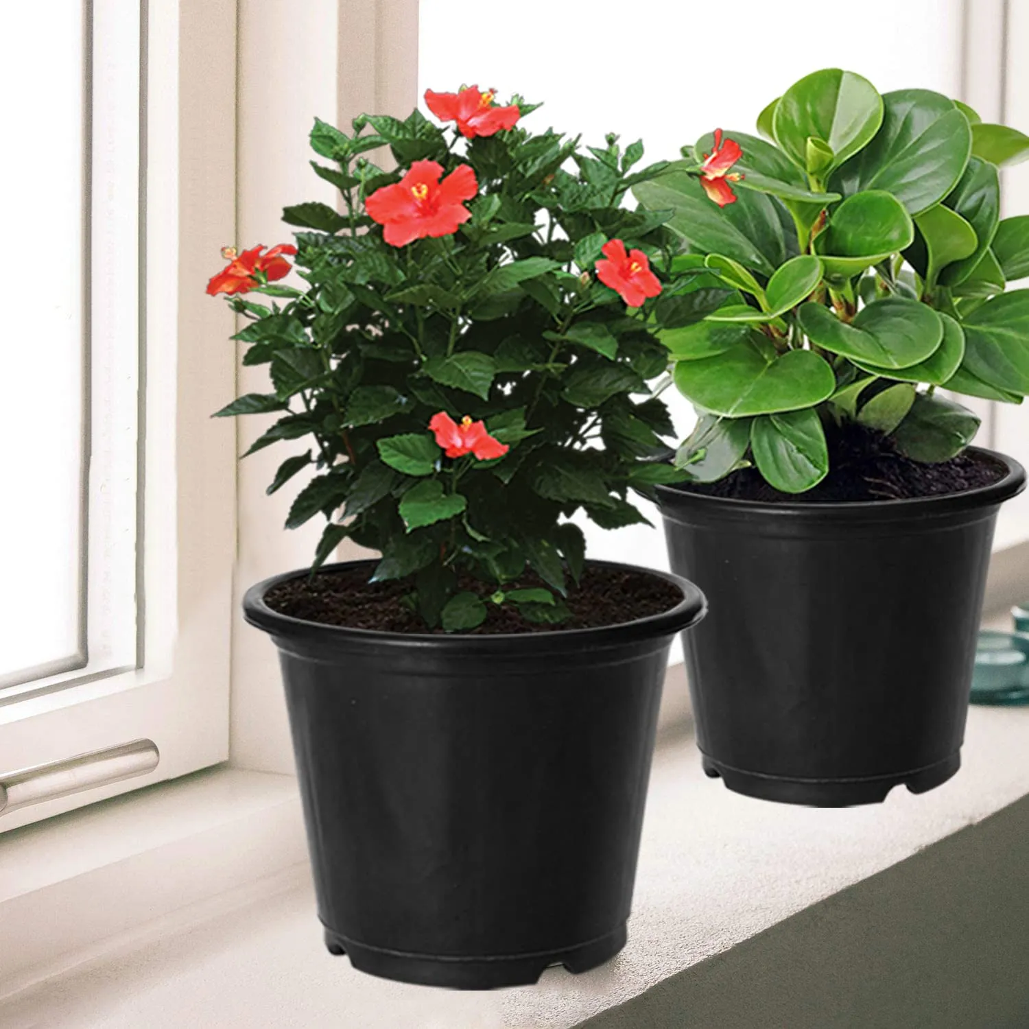 Kuber Industries Durable Plastic Flower Pot|Gamla with Drain Holes for Indoor Home Decor & Outdoor Balcony,Garden,6"x5",Pack of 8 (Black)