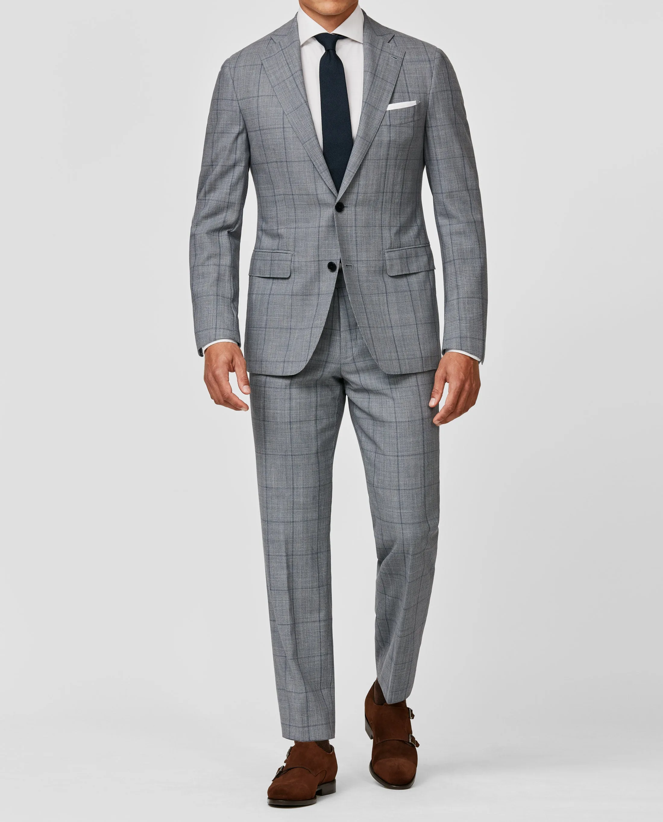 Loro Piana TRAVELLER Ice Blue High Twisted Wool Tropical with Dark Blue Check