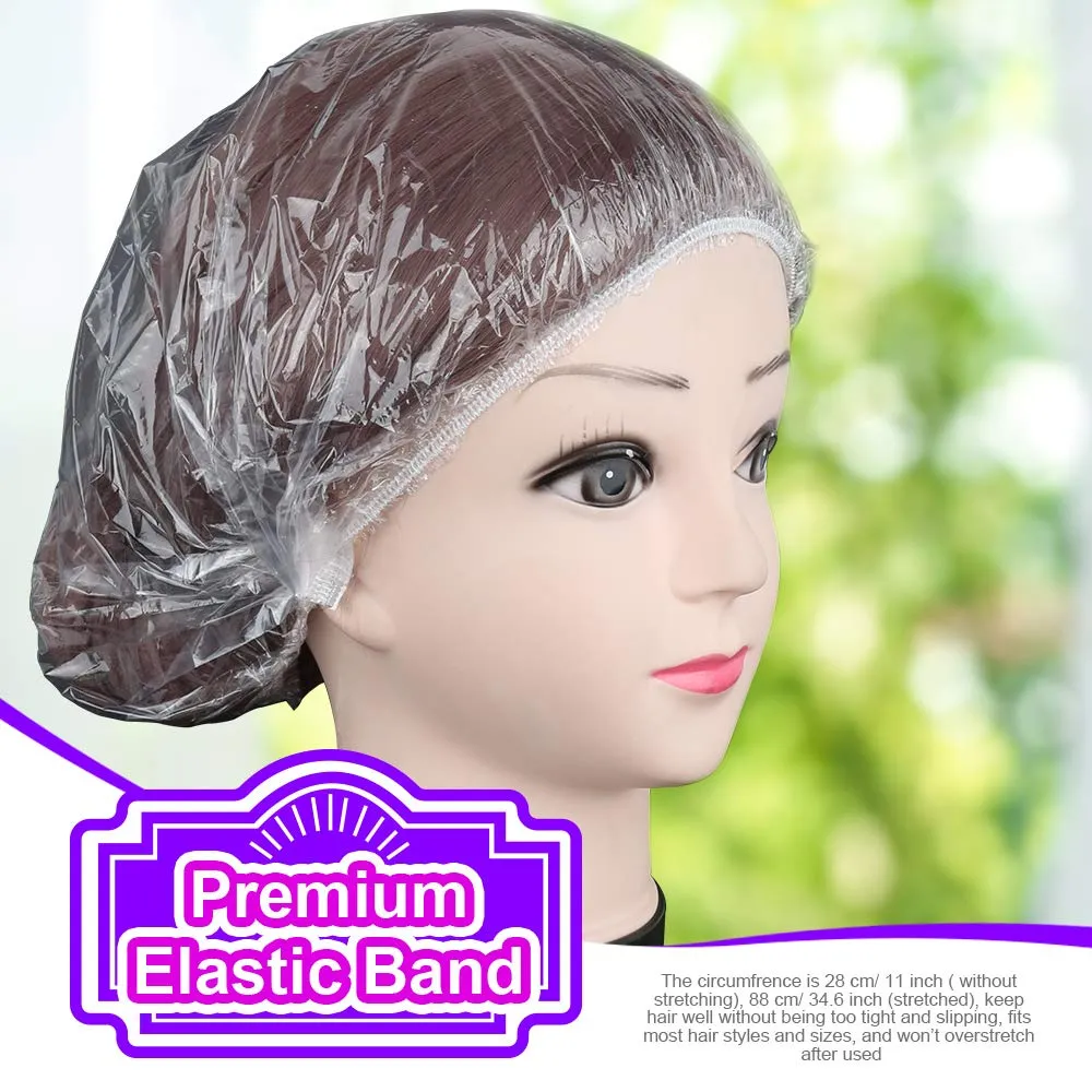 Shower Cap, LEOBRO 100 Pack Clear Plastic Hair Caps, Elastic Bath Caps, Disposable Shower Caps for Women, Home Use, Hair Salon, Hotel, Travel