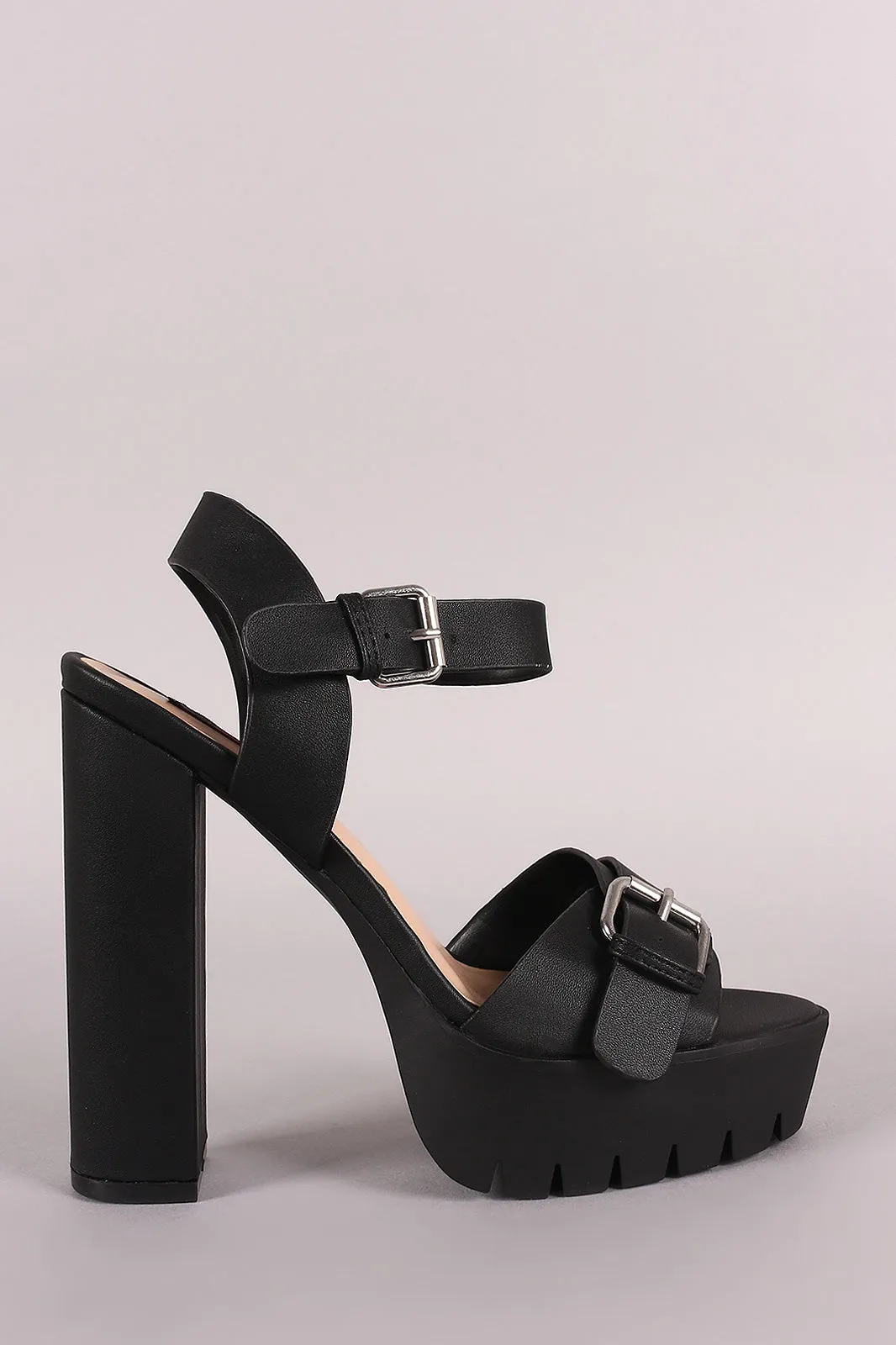 Wild Diva Lounge Buckled Lug Sole Chunky Platform Heel