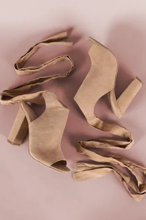 Wild Diva Lounge Suede Peep Toe Leg Wrap Chunky Heel