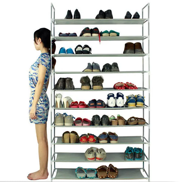 ZUN 100cm Ultra Large Capacity 10 Layers Non-woven Fabrics & Steel Shoe Rack Gray 80450006